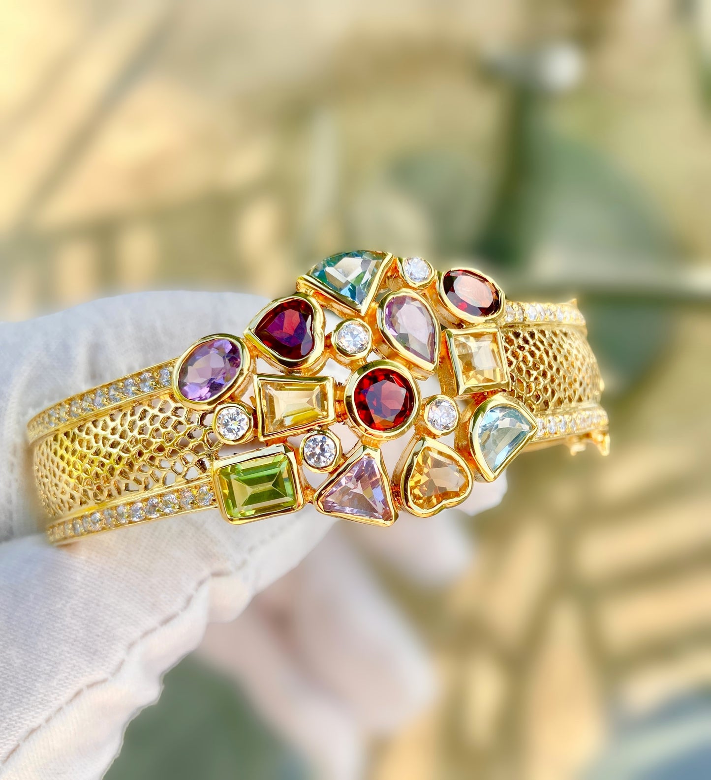 Gold Plated Multi-Stone Filigree Bangle with “Diamond” Accents