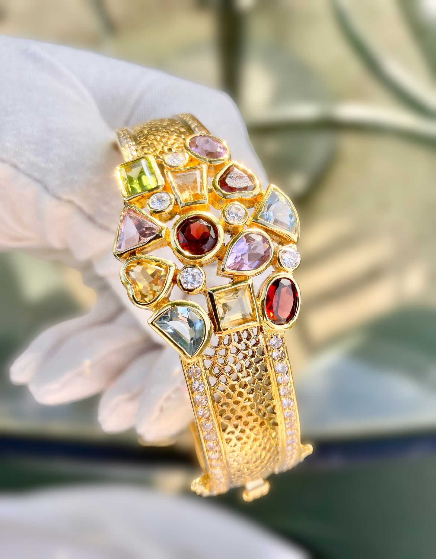 Gold Plated Multi-Stone Filigree Bangle with “Diamond” Accents
