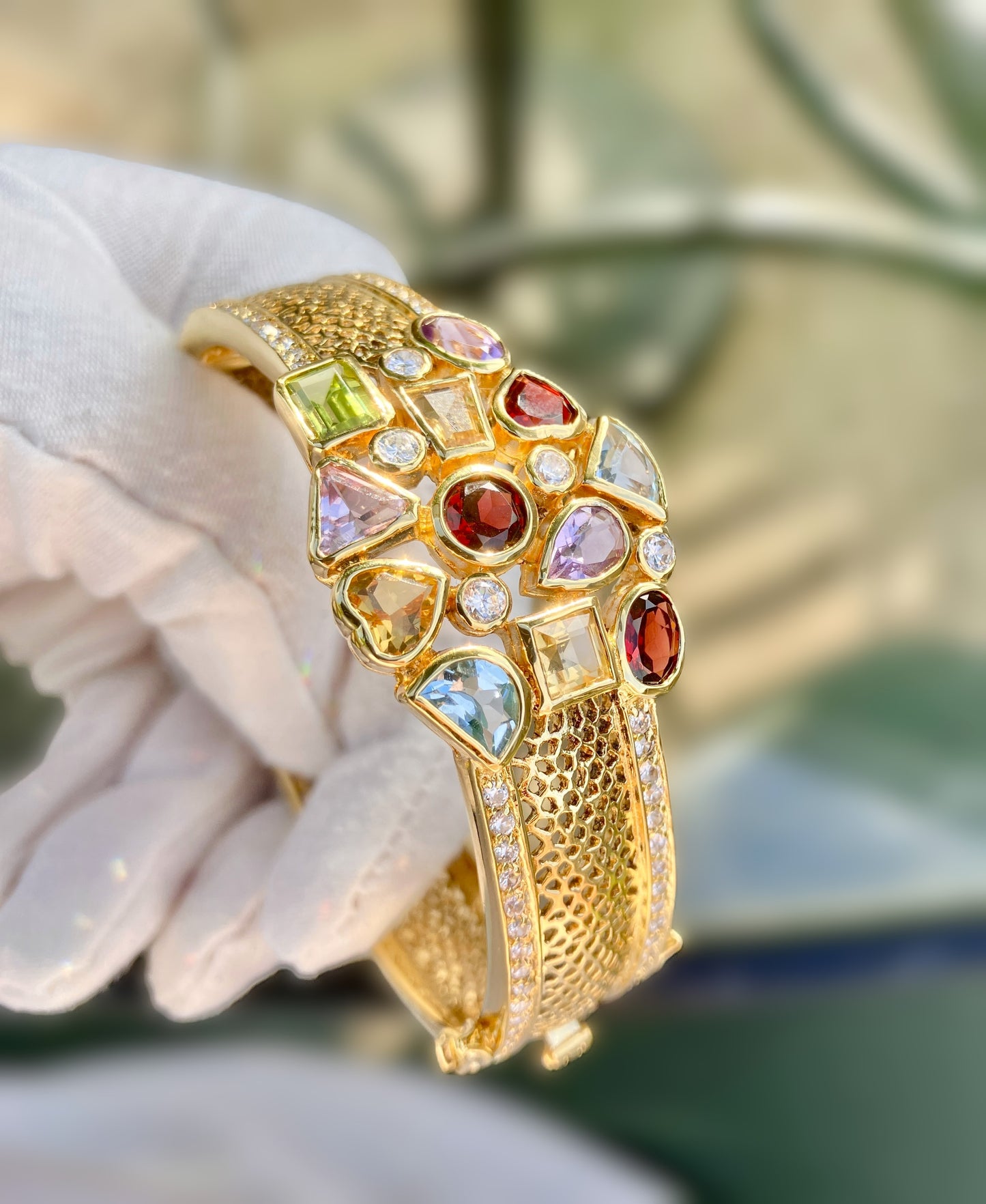 Gold Plated Multi-Stone Filigree Bangle with “Diamond” Accents