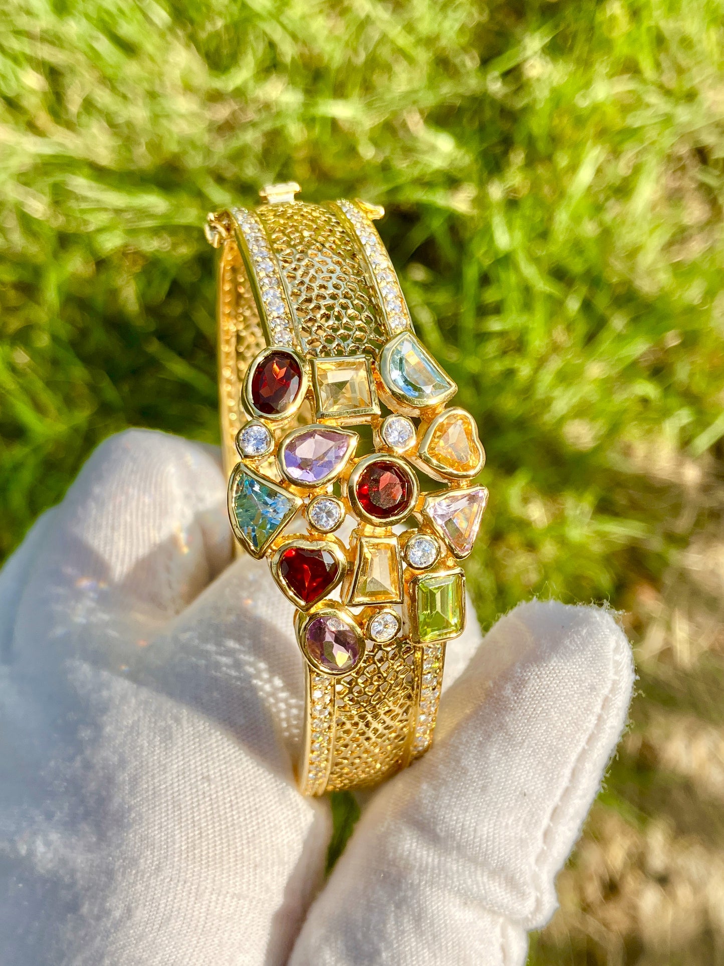 Gold Plated Multi-Stone Filigree Bangle with “Diamond” Accents