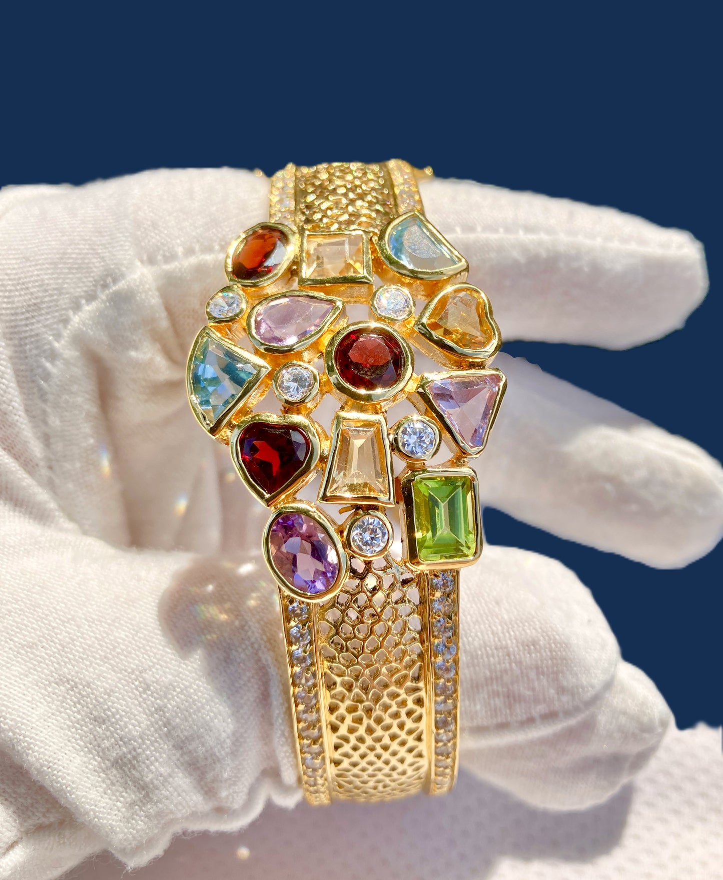 Gold Plated Multi-Stone Filigree Bangle with “Diamond” Accents