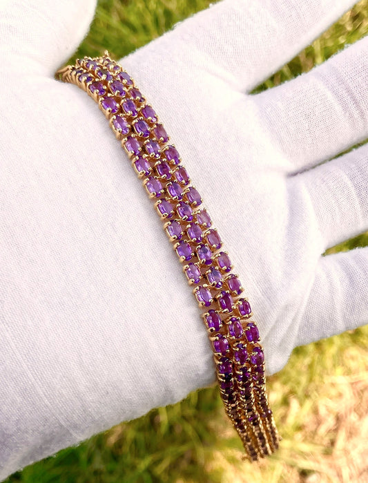 Gold Plated Tri-Row Amethyst Tennis Bracelet