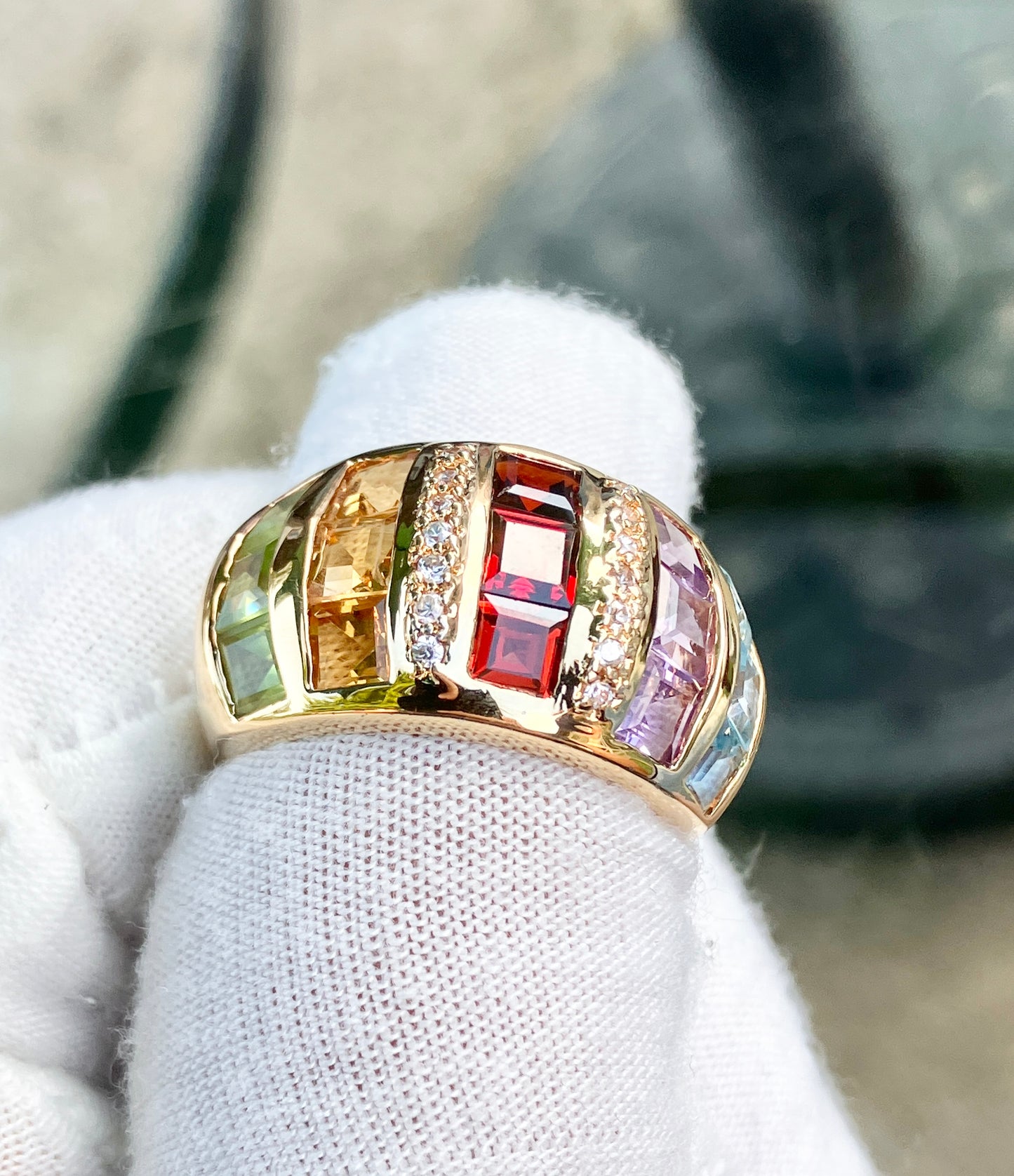 Gold Plated Square Step-cut Multi-Gemstone Ring with “Diamond” Accents