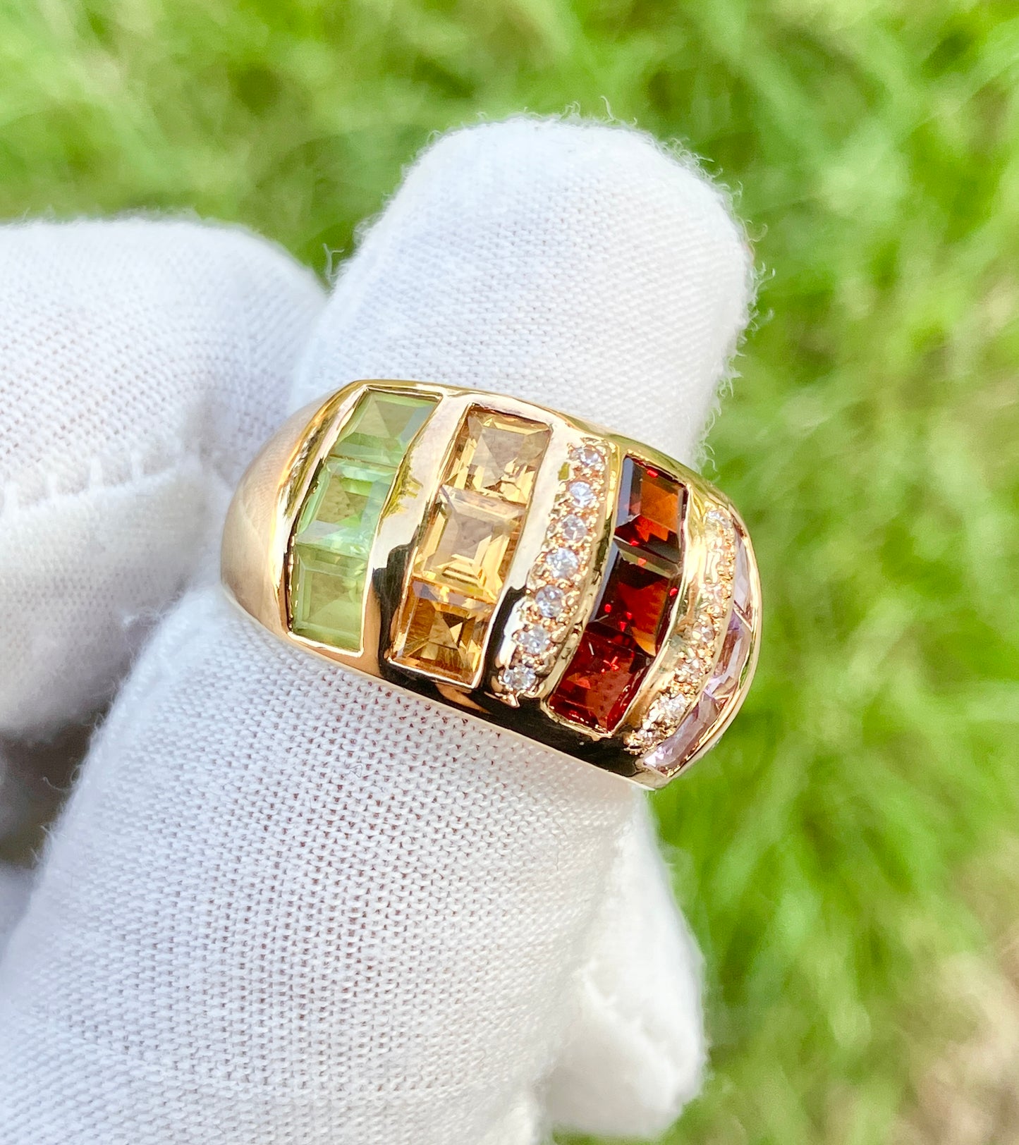 Gold Plated Square Step-cut Multi-Gemstone Ring with “Diamond” Accents