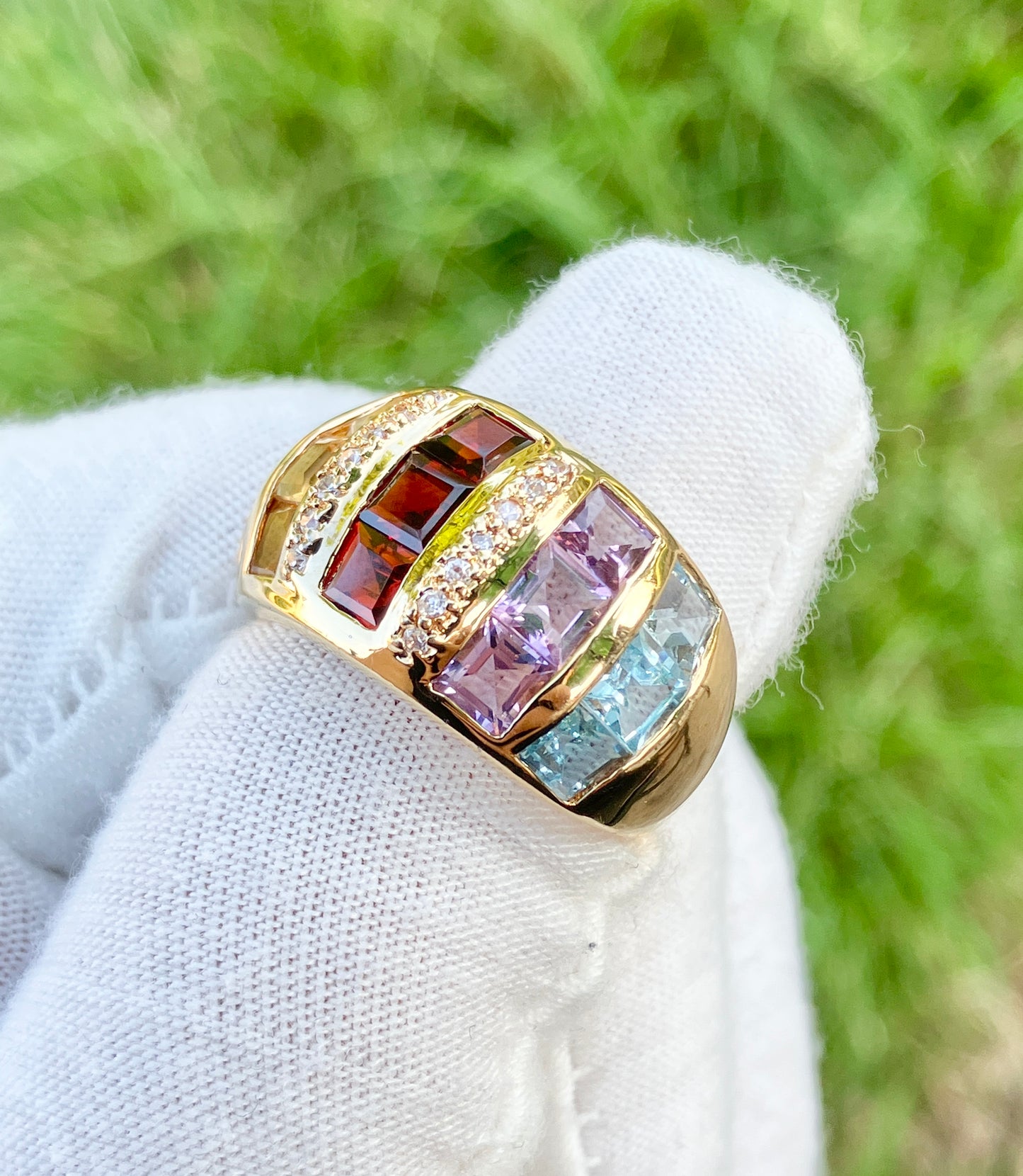 Gold Plated Square Step-cut Multi-Gemstone Ring with “Diamond” Accents