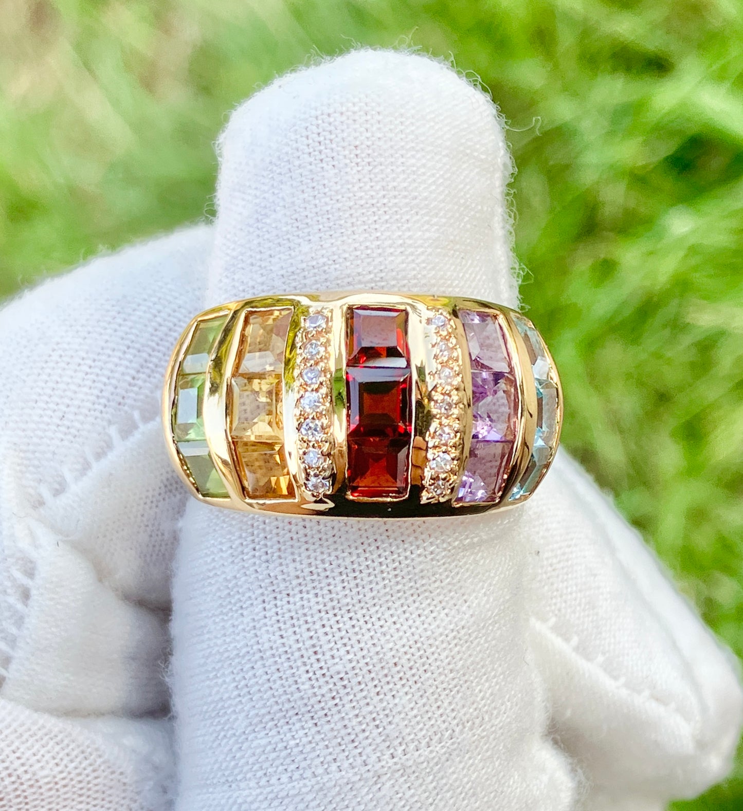 Gold Plated Square Step-cut Multi-Gemstone Ring with “Diamond” Accents