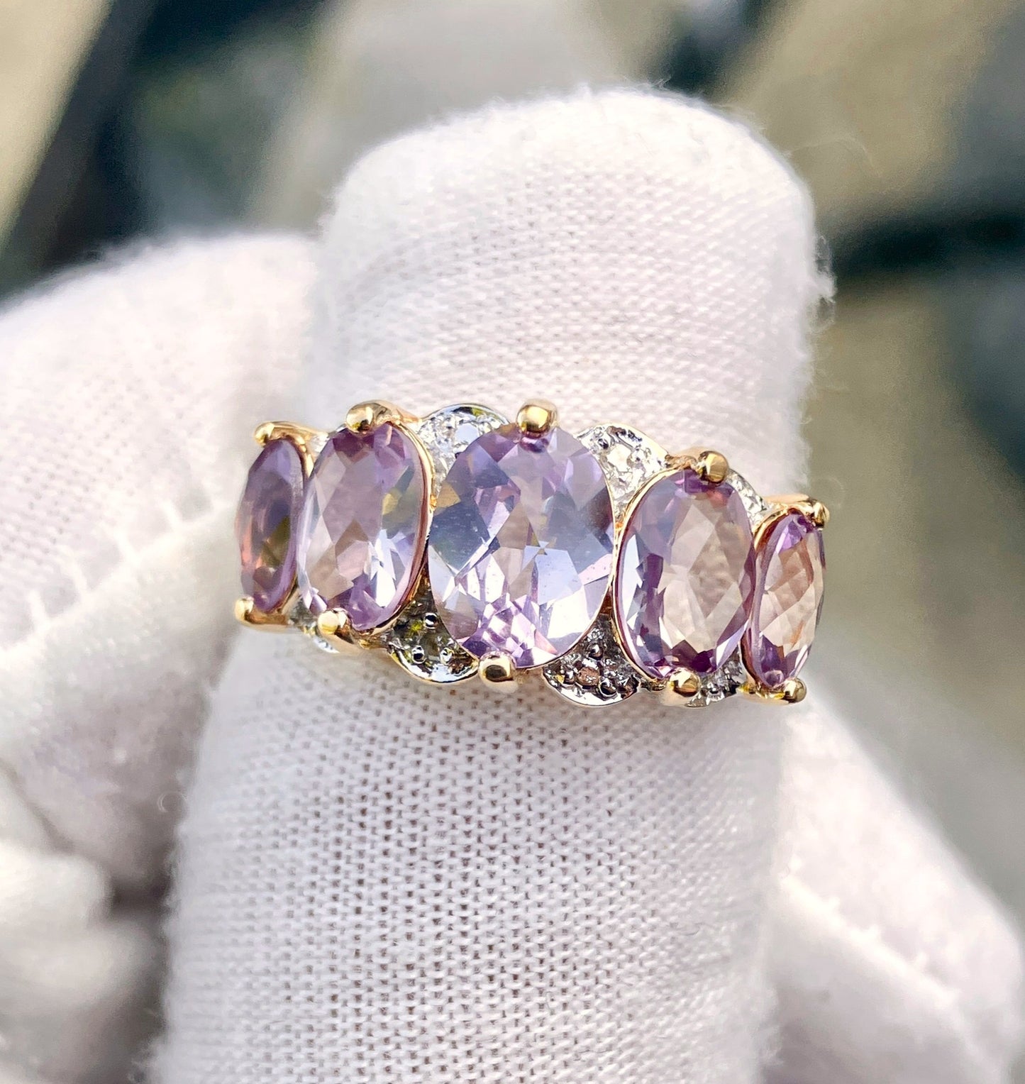 Gold Plated 5-Stone Checkerboard Cut Synthetic Color Change Sapphire Ring with Diamond Accents