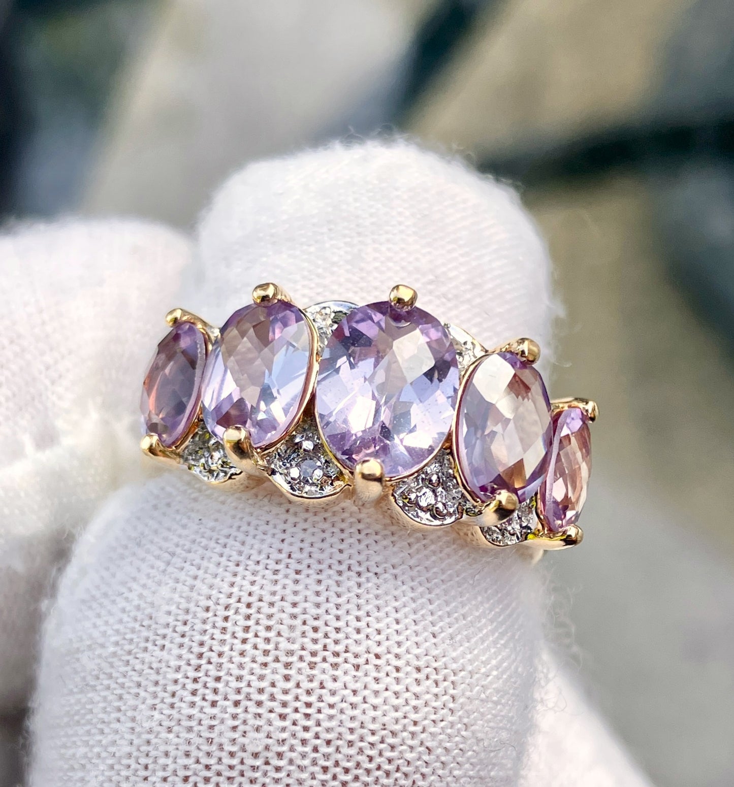 Gold Plated 5-Stone Checkerboard Cut Synthetic Color Change Sapphire Ring with Diamond Accents