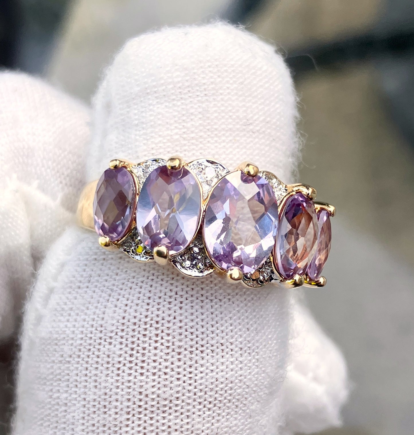Gold Plated 5-Stone Checkerboard Cut Synthetic Color Change Sapphire Ring with Diamond Accents