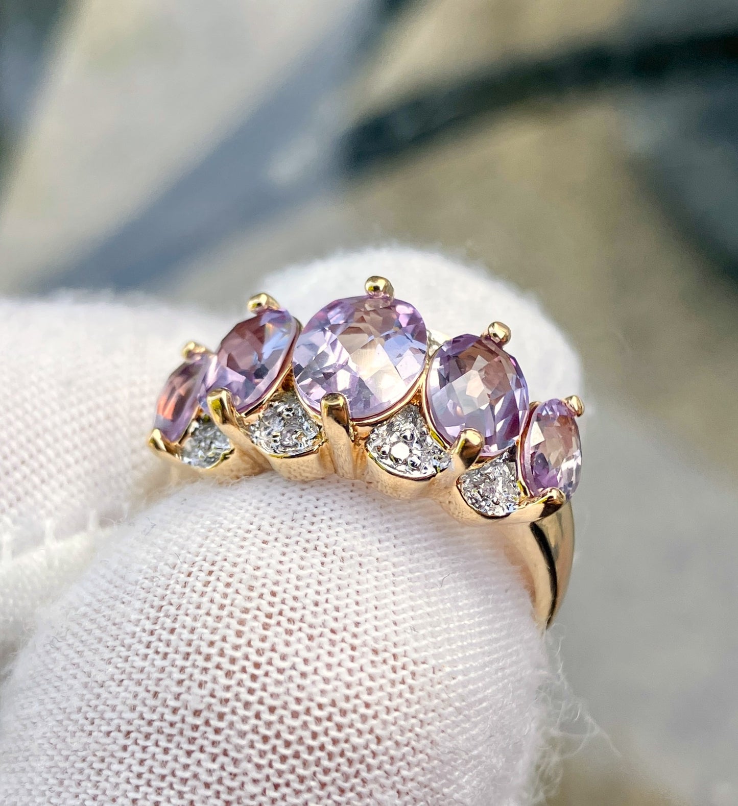 Gold Plated 5-Stone Checkerboard Cut Synthetic Color Change Sapphire Ring with Diamond Accents