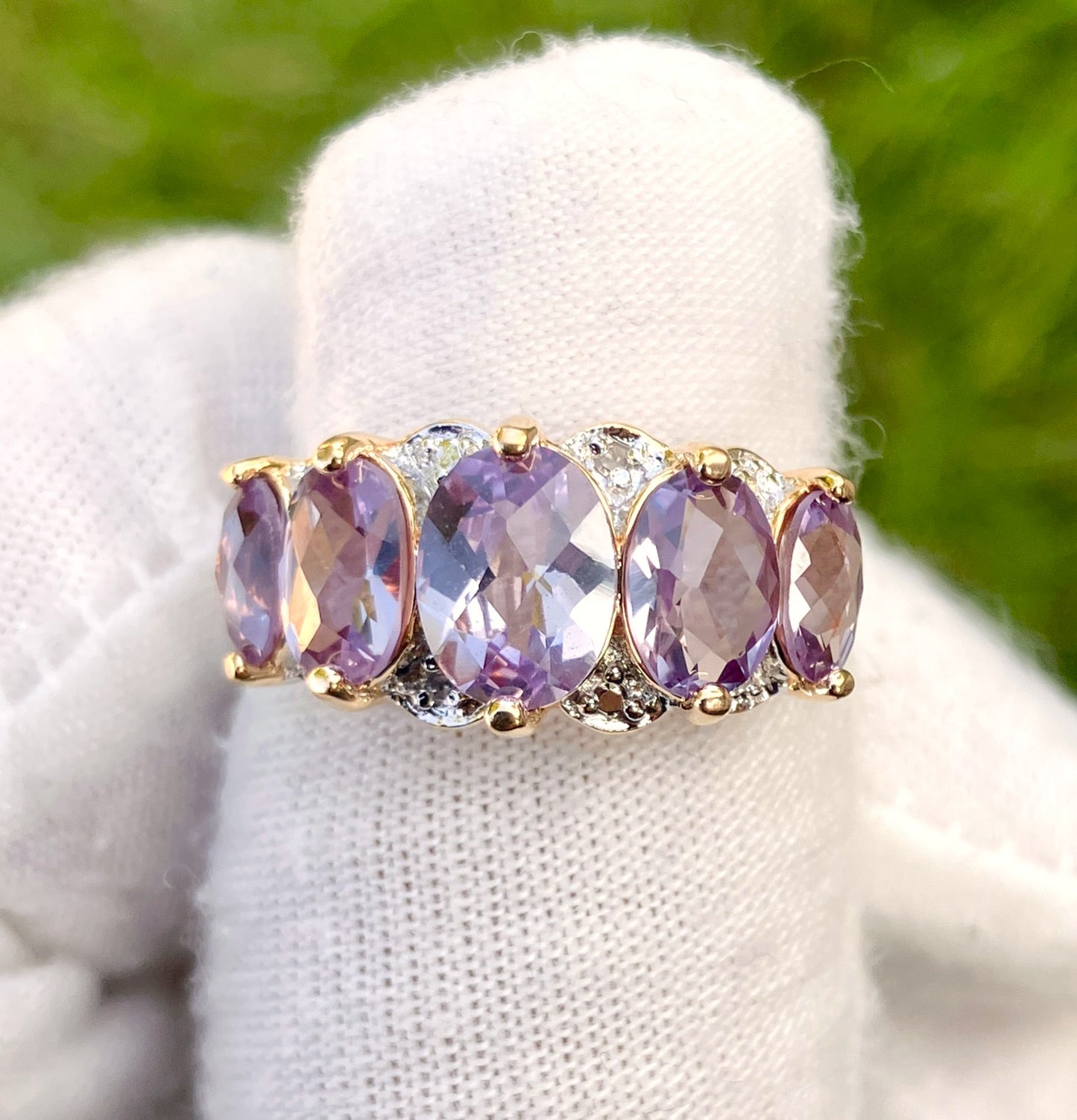 Gold Plated 5-Stone Checkerboard Cut Synthetic Color Change Sapphire Ring with Diamond Accents
