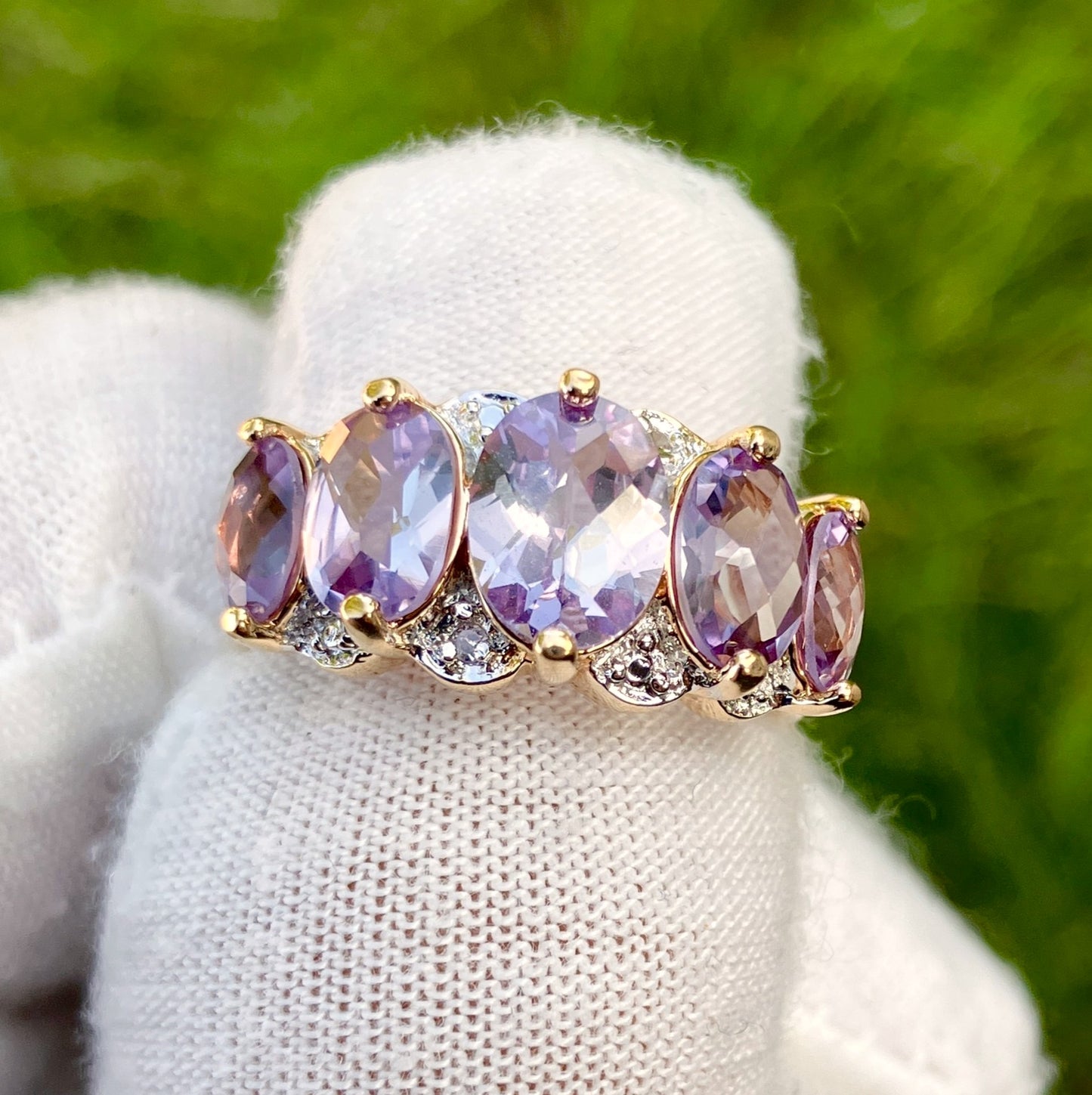 Gold Plated 5-Stone Checkerboard Cut Synthetic Color Change Sapphire Ring with Diamond Accents