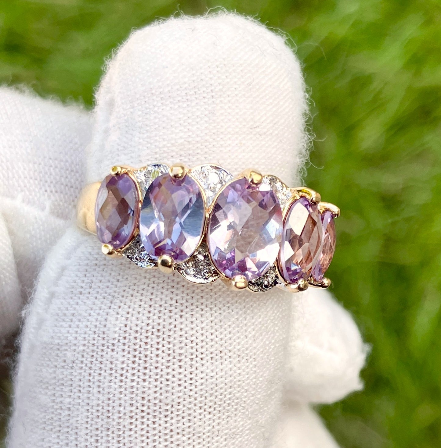 Gold Plated 5-Stone Checkerboard Cut Synthetic Color Change Sapphire Ring with Diamond Accents