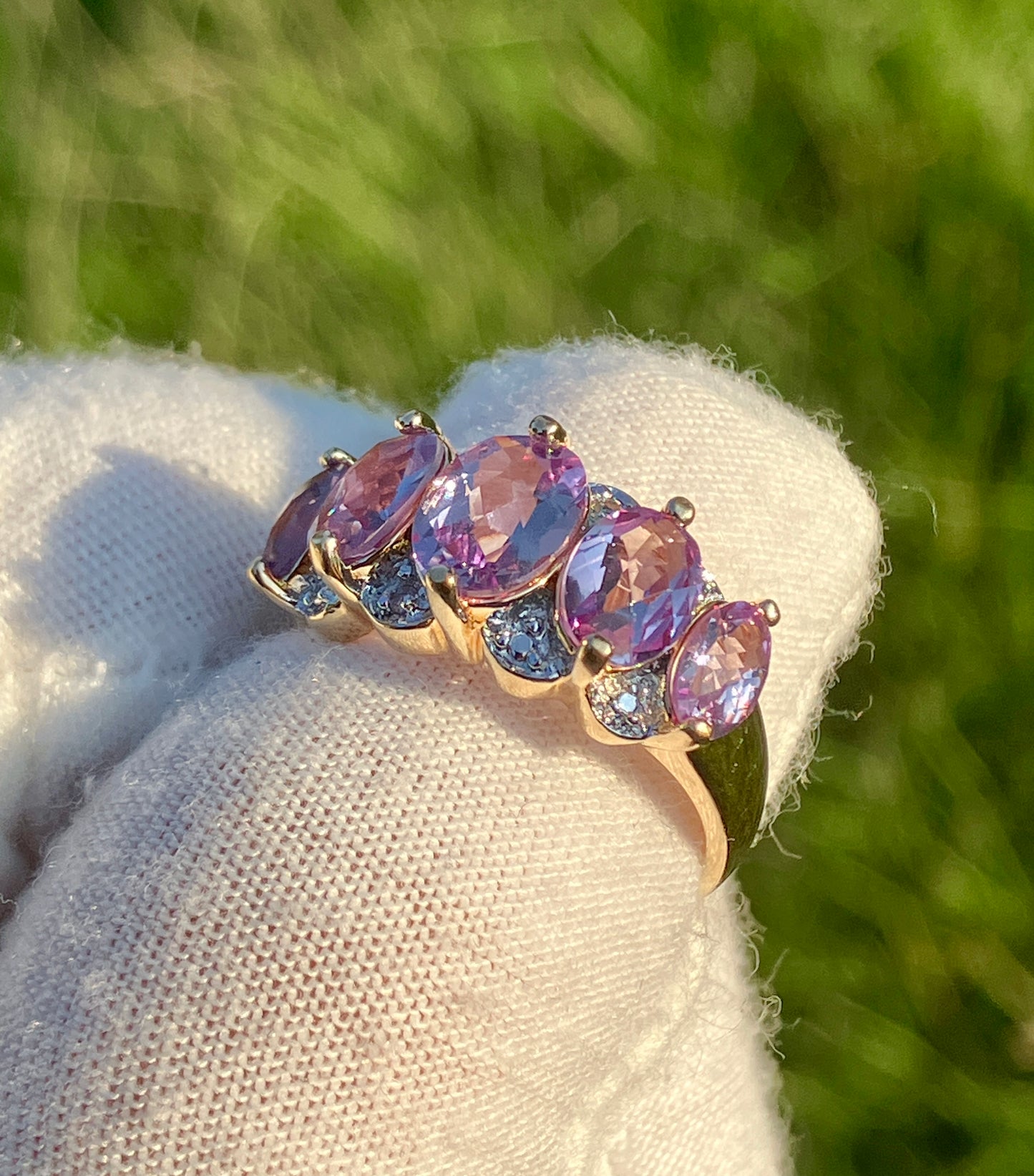 Gold Plated 5-Stone Checkerboard Cut Synthetic Color Change Sapphire Ring with Diamond Accents