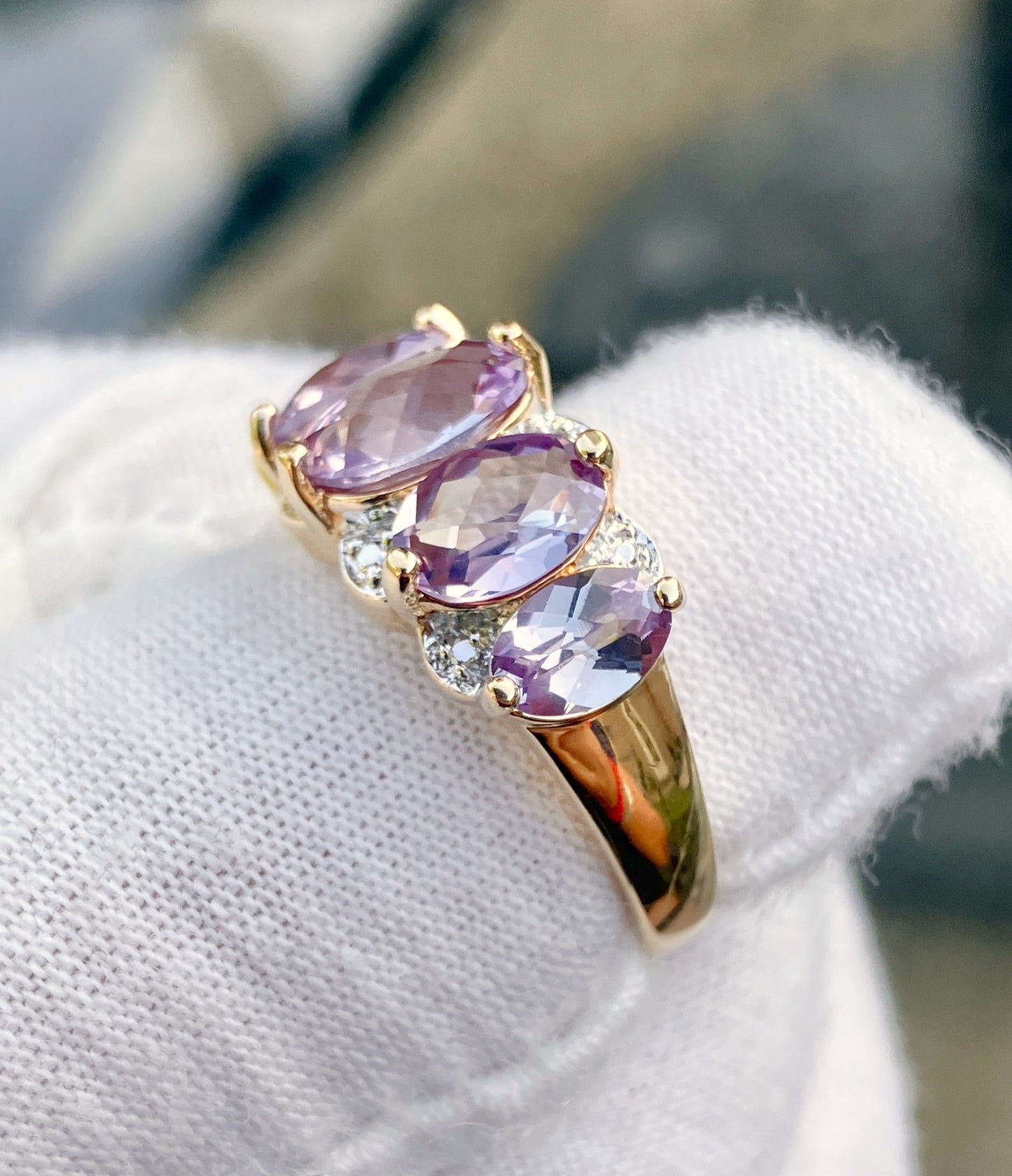 Gold Plated 5-Stone Checkerboard Cut Synthetic Color Change Sapphire Ring with Diamond Accents