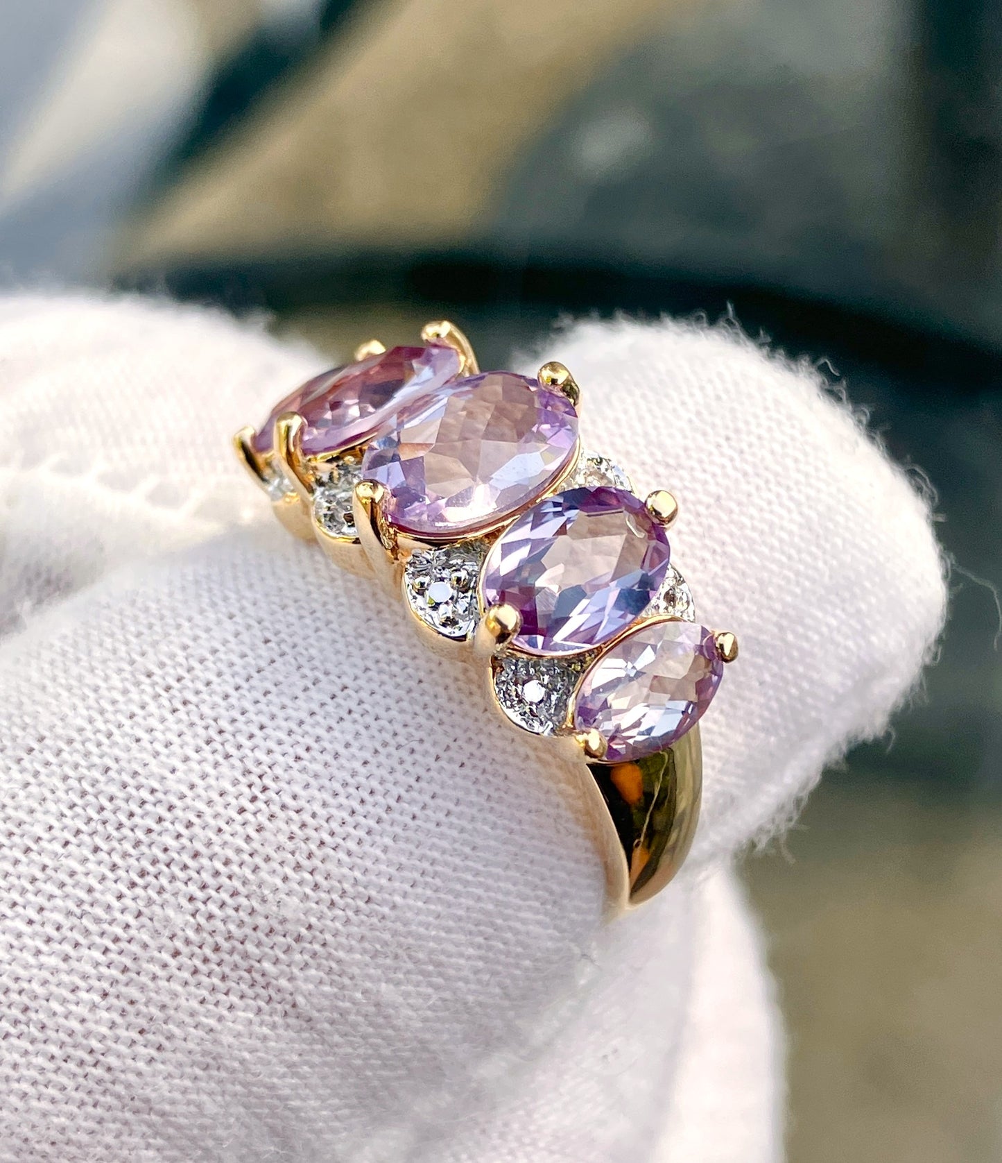 Gold Plated 5-Stone Checkerboard Cut Synthetic Color Change Sapphire Ring with Diamond Accents