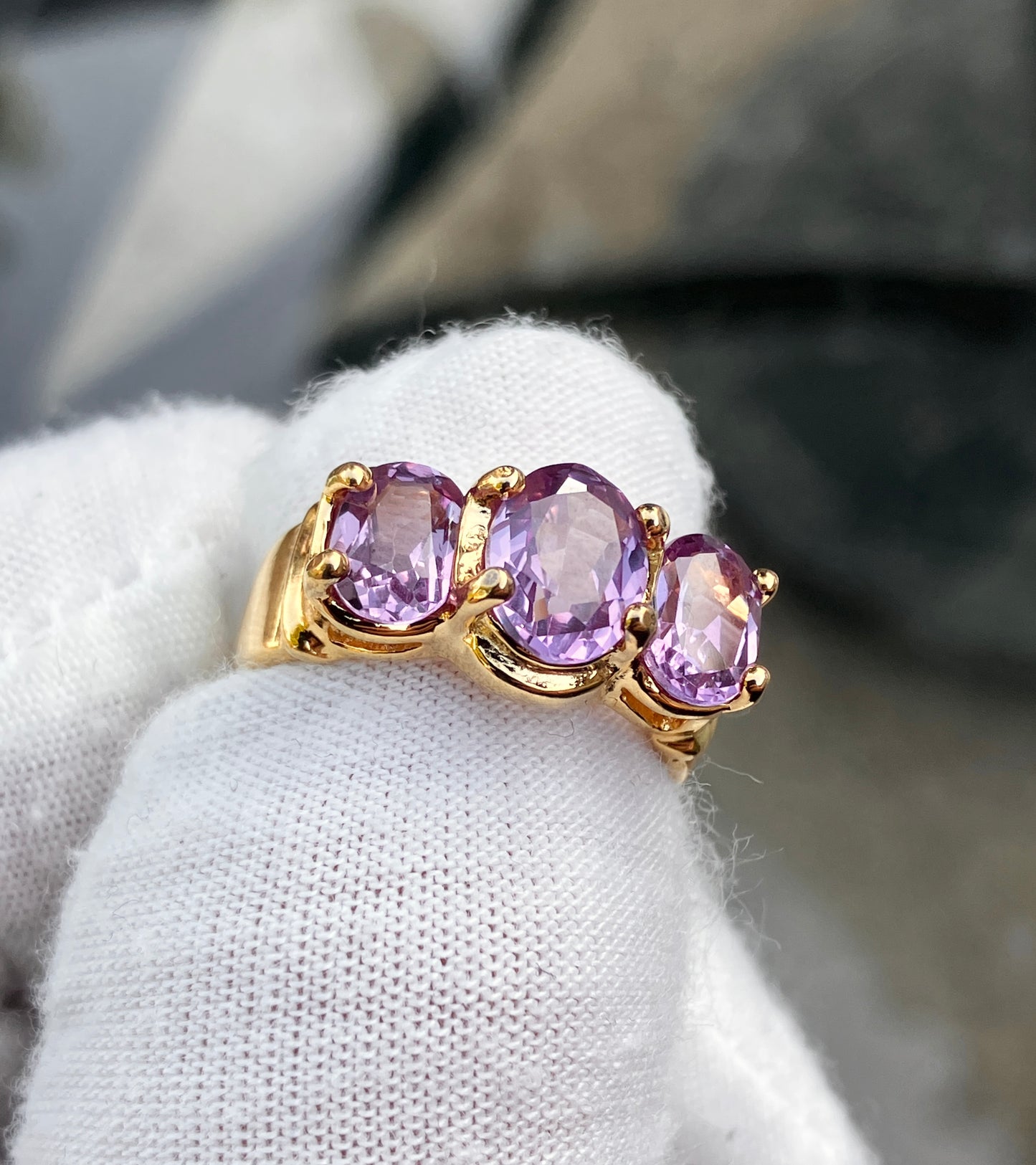 Gold Plated Tri-Stone Synthetic Color Change Sapphire Ring