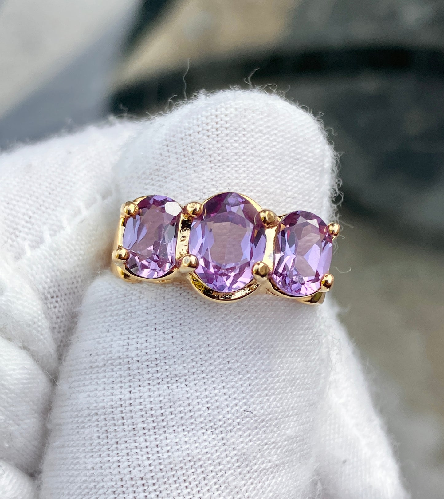 Gold Plated Tri-Stone Synthetic Color Change Sapphire Ring