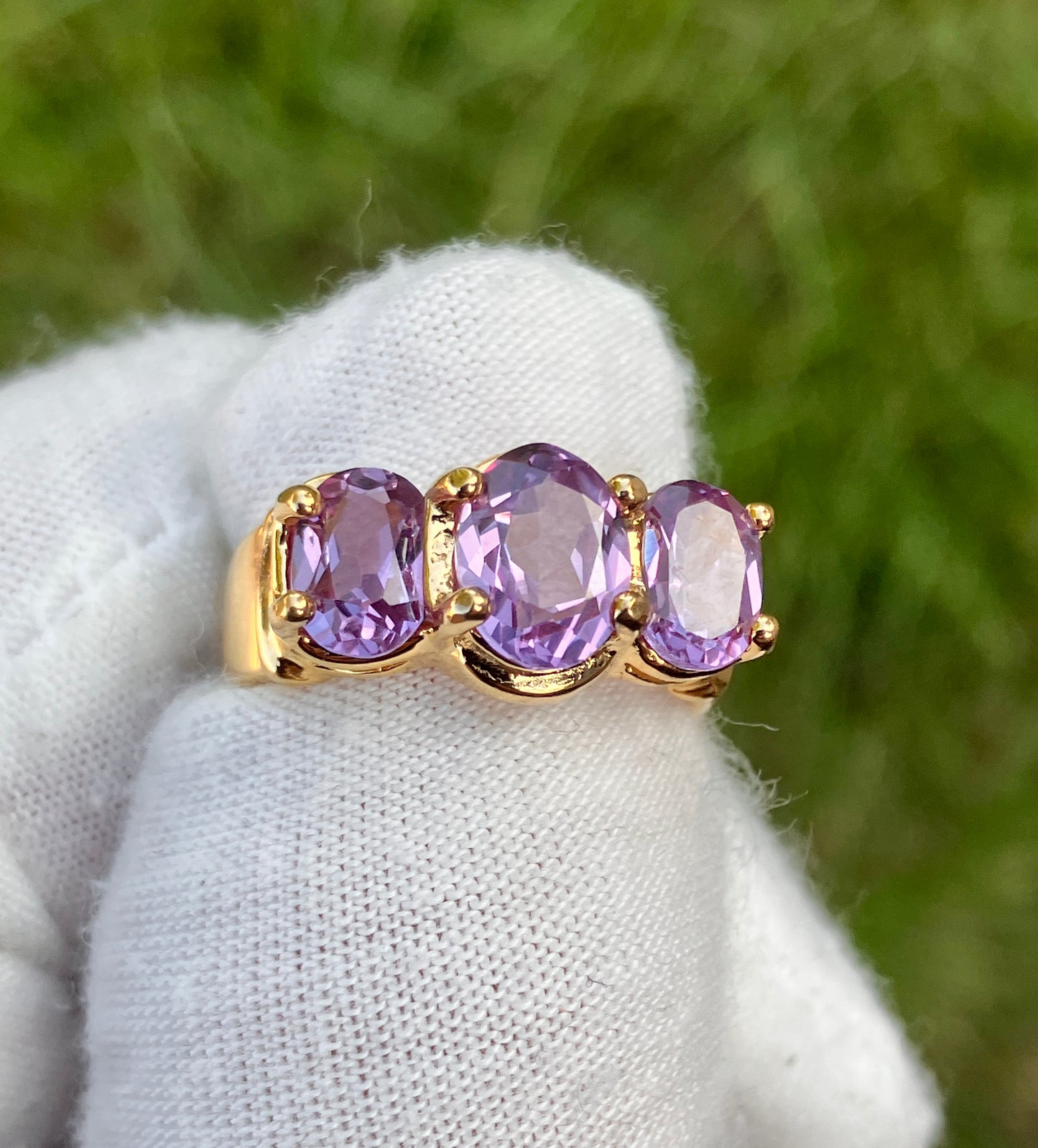 Gold Plated Tri-Stone Synthetic Color Change Sapphire Ring