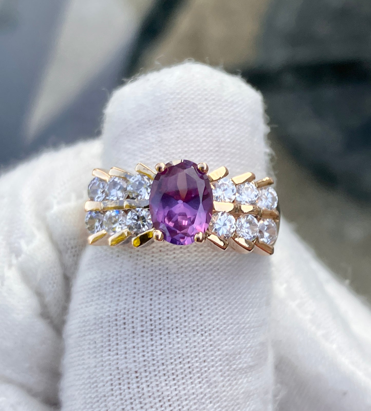 Gold Plated Oval Cut Synthetic Color Change Sapphire in “Diamond” Setting Ring