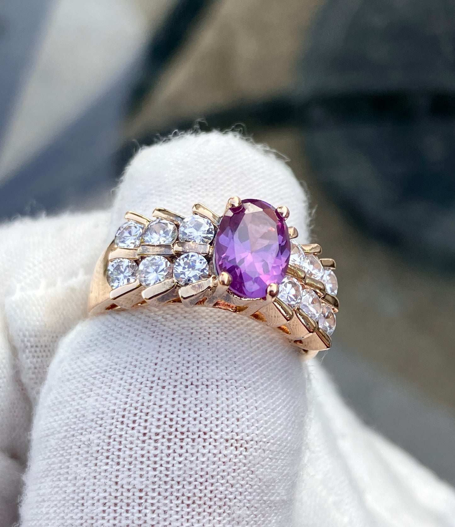 Gold Plated Oval Cut Synthetic Color Change Sapphire in “Diamond” Setting Ring