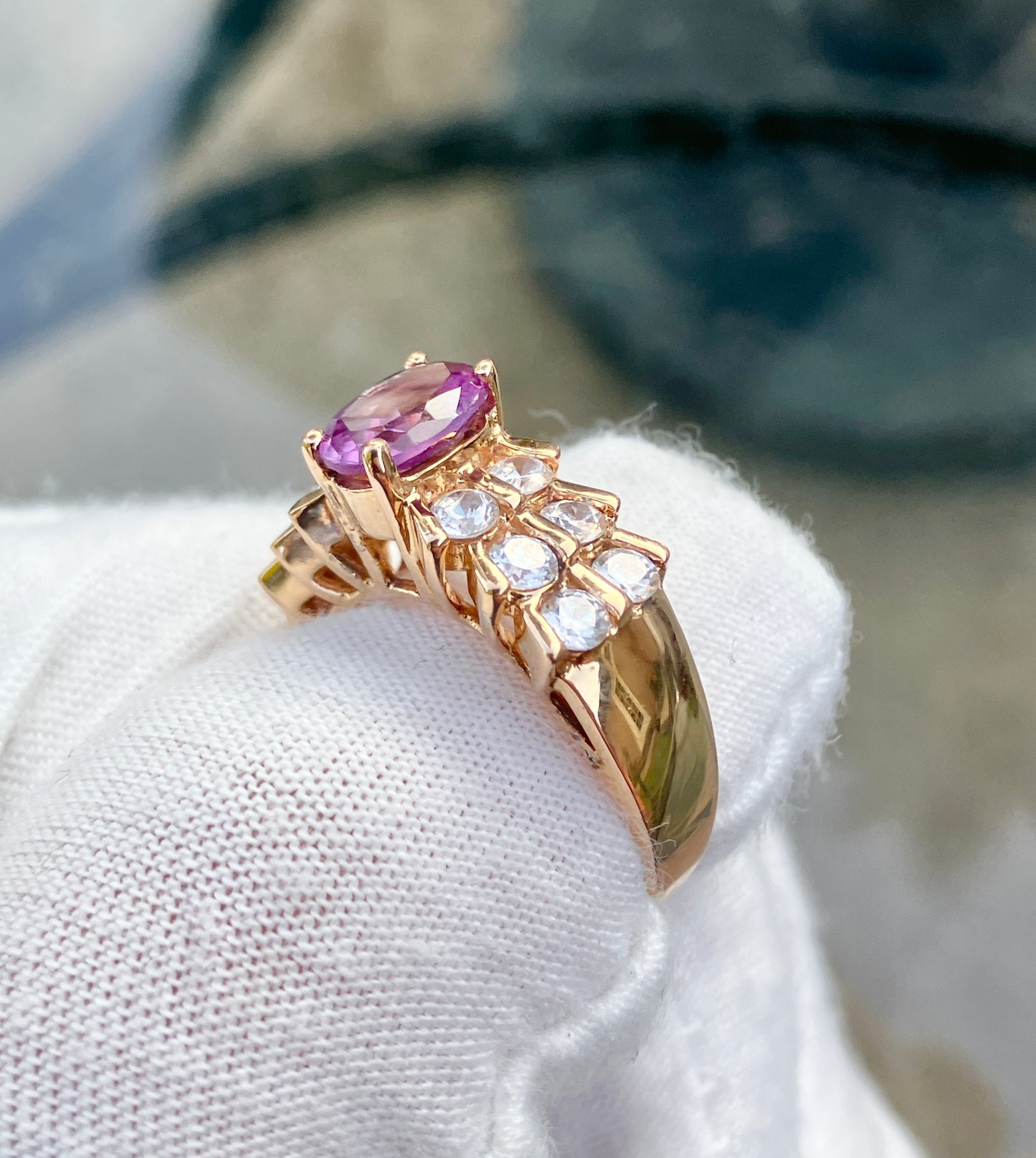 Gold Plated Oval Cut Synthetic Color Change Sapphire in “Diamond” Setting Ring