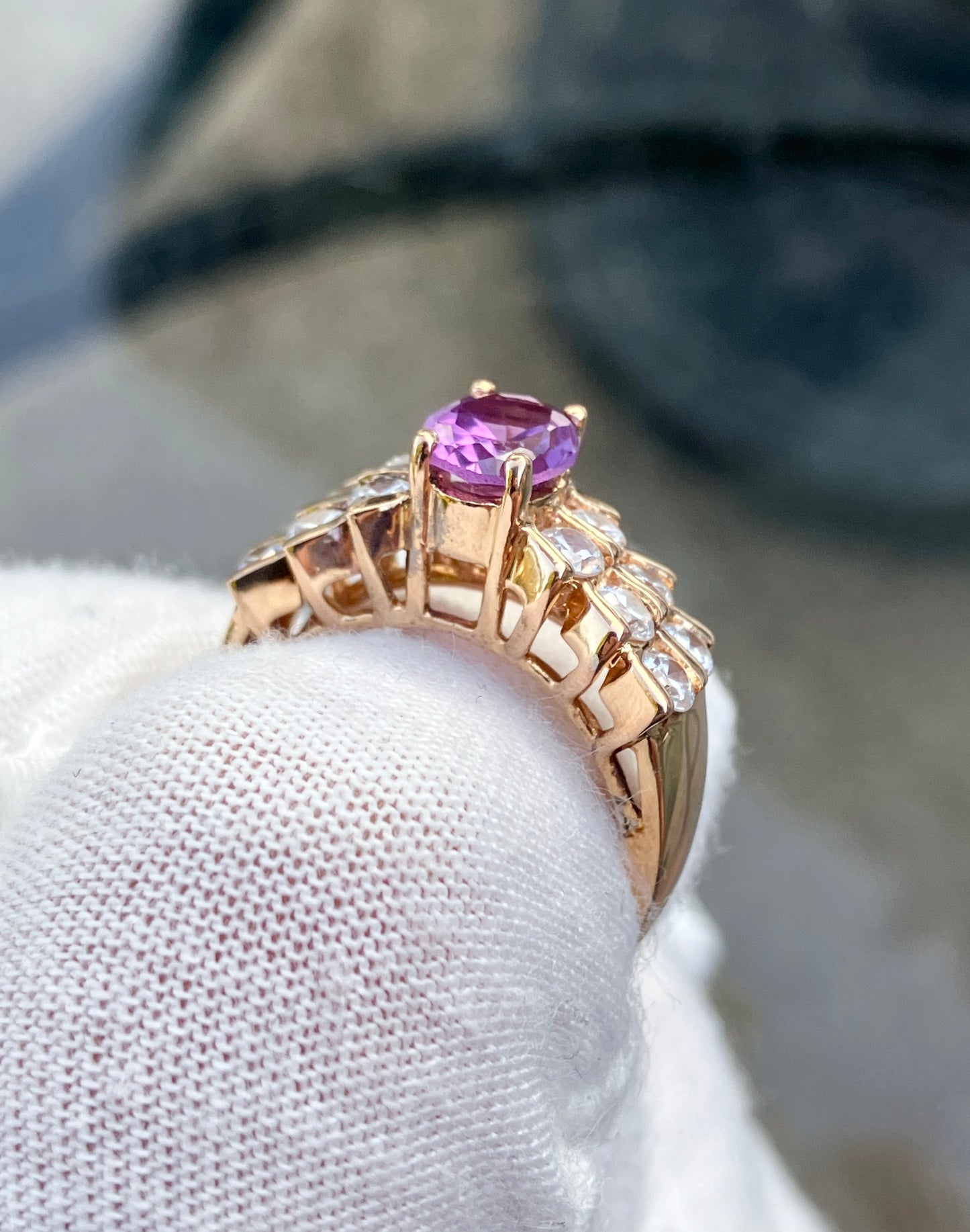 Gold Plated Oval Cut Synthetic Color Change Sapphire in “Diamond” Setting Ring