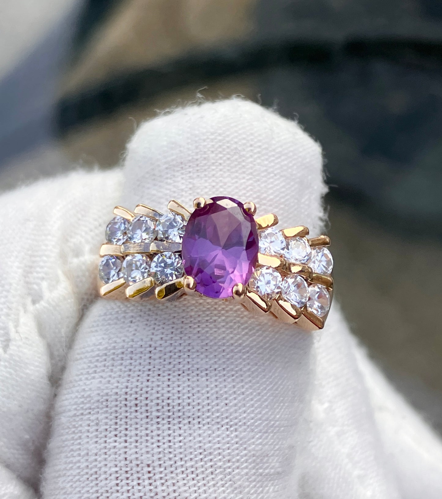 Gold Plated Oval Cut Synthetic Color Change Sapphire in “Diamond” Setting Ring