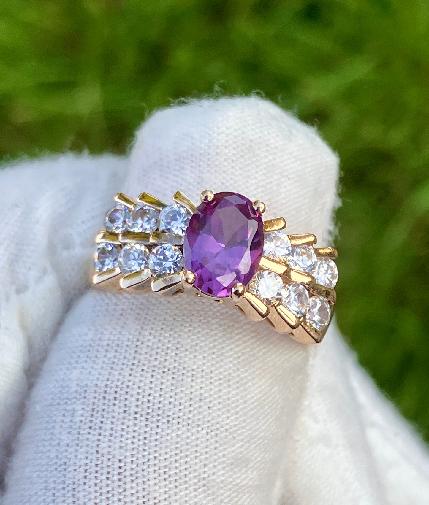 Gold Plated Oval Cut Synthetic Color Change Sapphire in “Diamond” Setting Ring