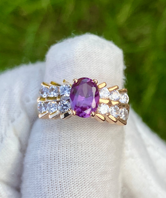 Gold Plated Oval Cut Synthetic Color Change Sapphire in “Diamond” Setting Ring