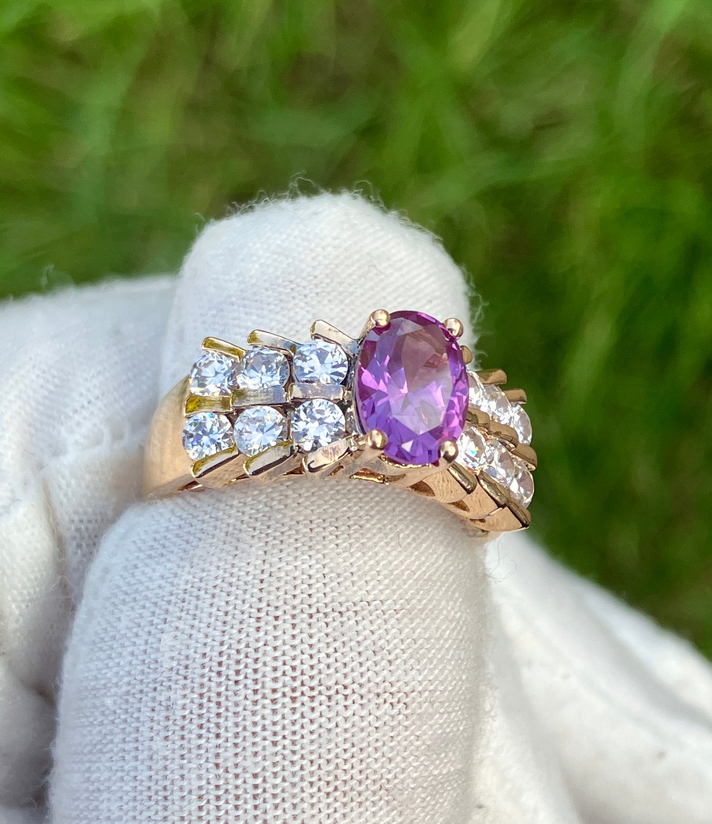 Gold Plated Oval Cut Synthetic Color Change Sapphire in “Diamond” Setting Ring