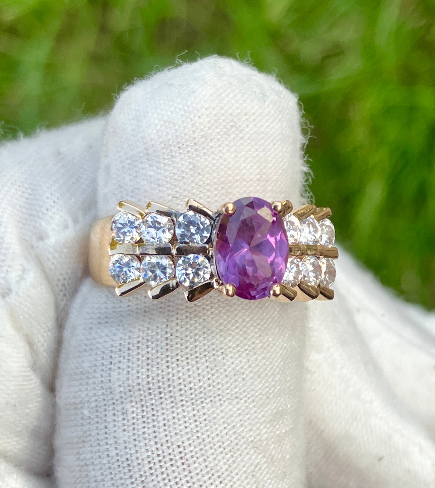 Gold Plated Oval Cut Synthetic Color Change Sapphire in “Diamond” Setting Ring