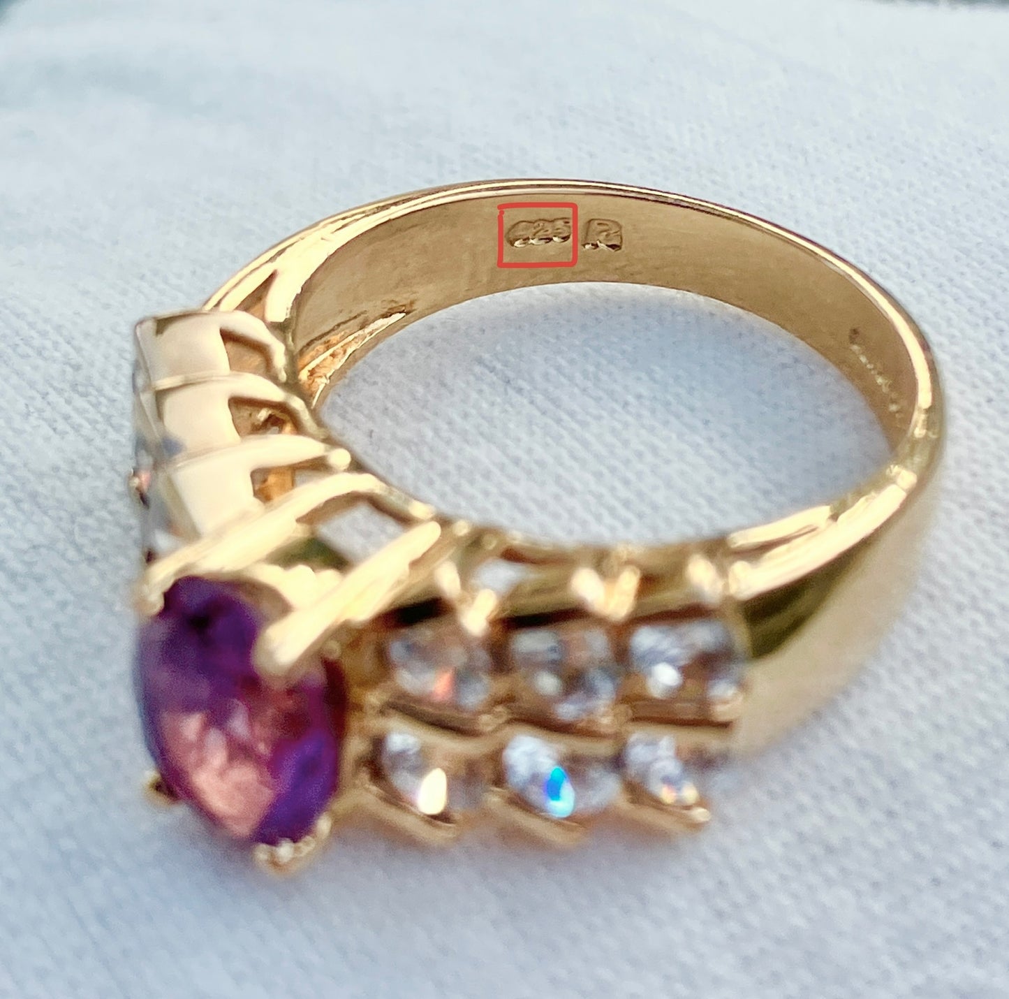Gold Plated Oval Cut Synthetic Color Change Sapphire in “Diamond” Setting Ring