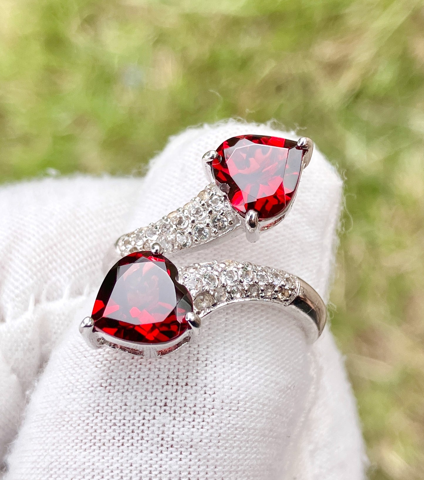 Heart Garnets in “Diamonds” Studded Split Bypass Shank Ring