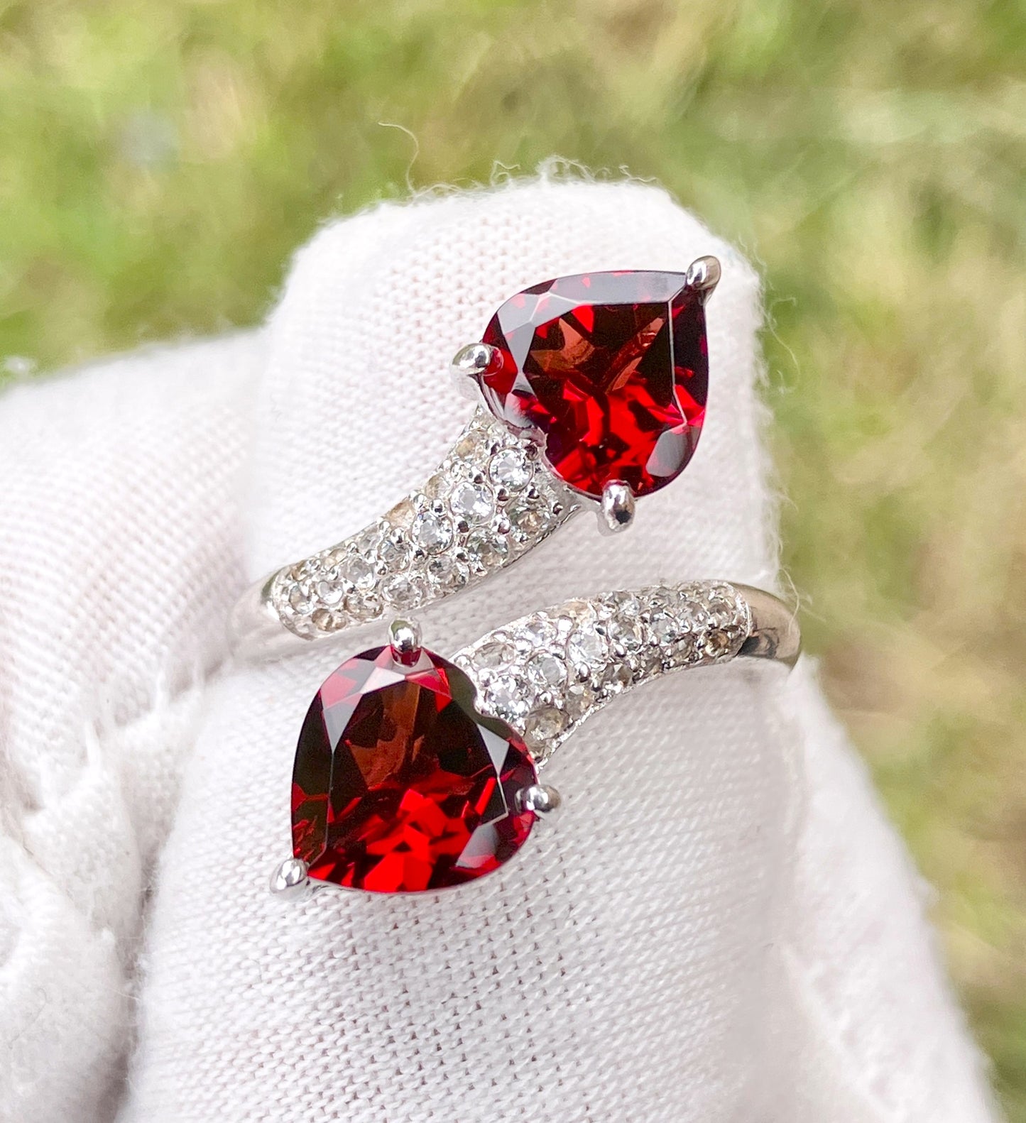 Heart Garnets in “Diamonds” Studded Split Bypass Shank Ring