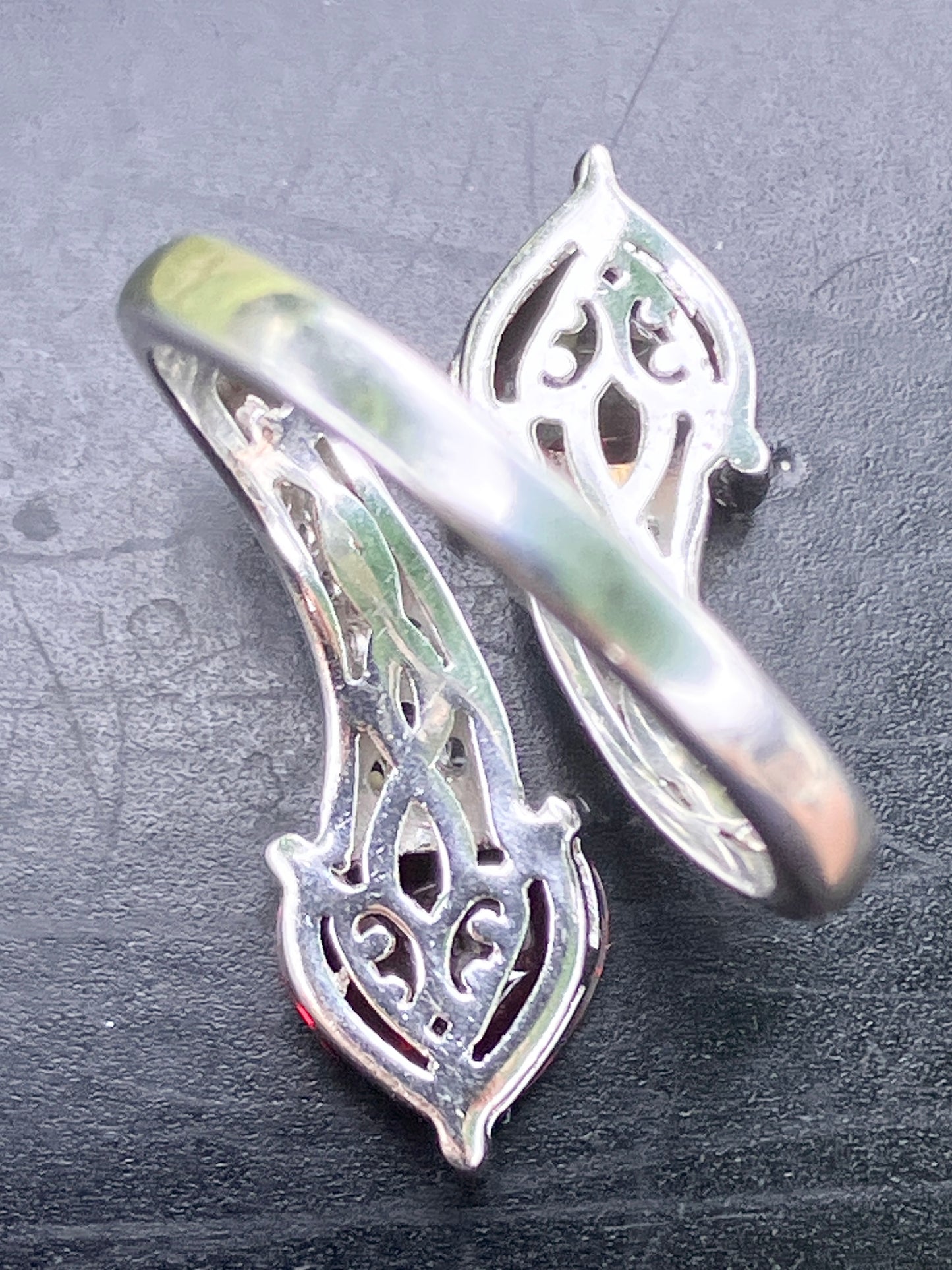 Heart Garnets in “Diamonds” Studded Split Bypass Shank Ring