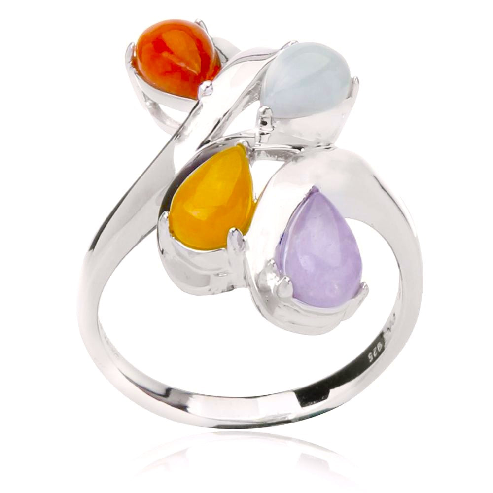 Pear Cut Cabochon Multi-Color Jade in Multi-Split Shank Ring