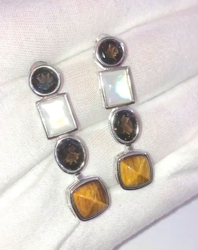 Tiger's Eye, Mother of Pearl, and Smoky Quartz Earrings
