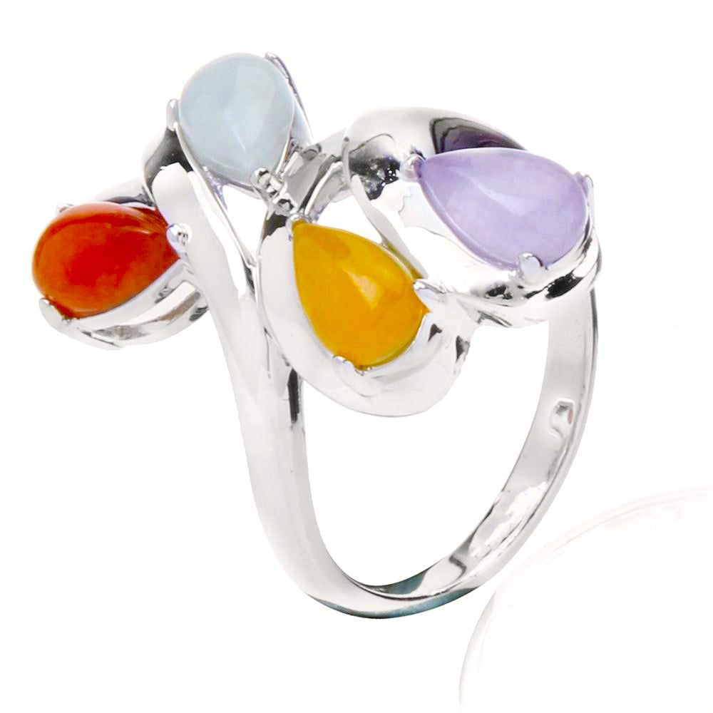 Pear Cut Cabochon Multi-Color Jade in Multi-Split Shank Ring