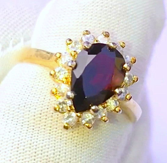 Gold Plated Pear Cut Garnet in "Diamond" Halo Ring