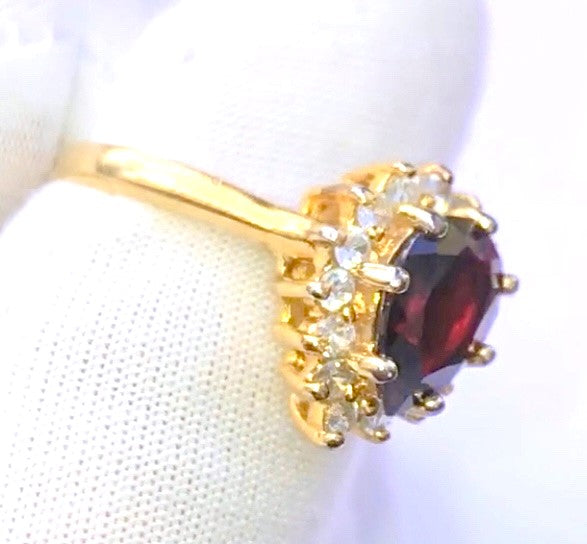 Gold Plated Pear Cut Garnet in "Diamond" Halo Ring