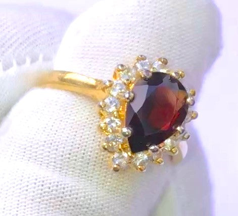 Gold Plated Pear Cut Garnet in "Diamond" Halo Ring