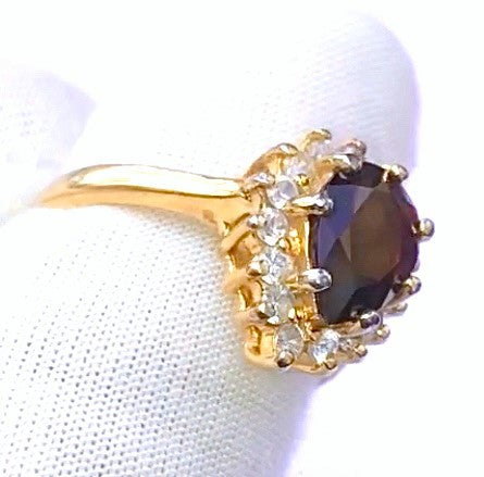 Gold Plated Pear Cut Garnet in "Diamond" Halo Ring