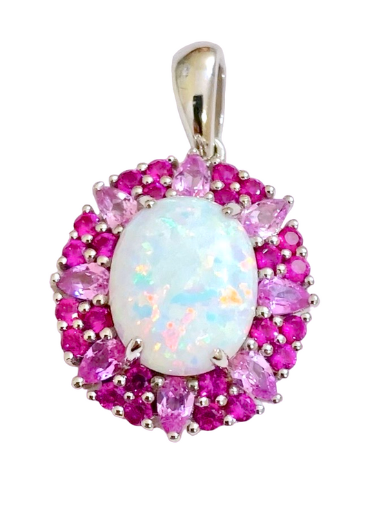 Lab Grown Opal in Halos of Lab Grown Light and Hot Pink Sapphire Pendant
