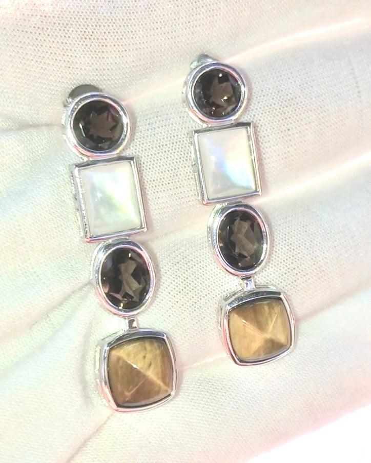 Tiger's Eye, Mother of Pearl, and Smoky Quartz Earrings
