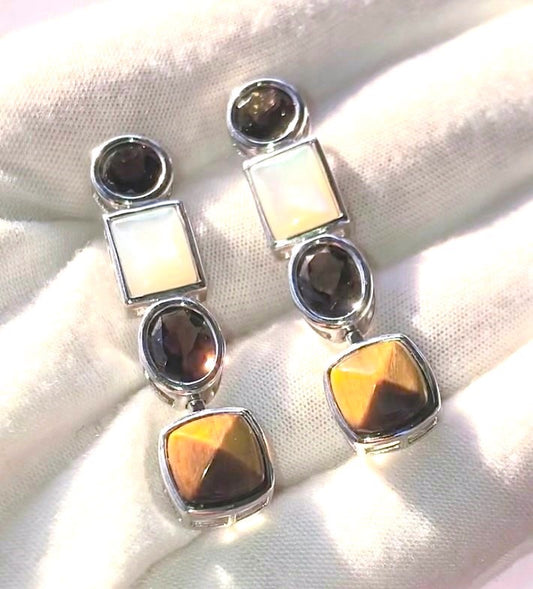 Tiger's Eye, Mother of Pearl, and Smoky Quartz Earrings
