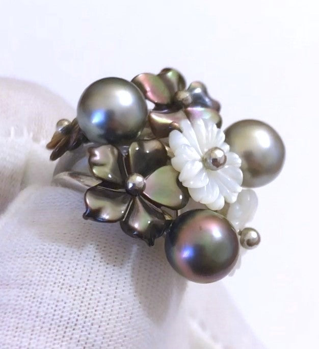 Multi-Color Pearls with Mother of Pearl and Pearl Flowers Ring