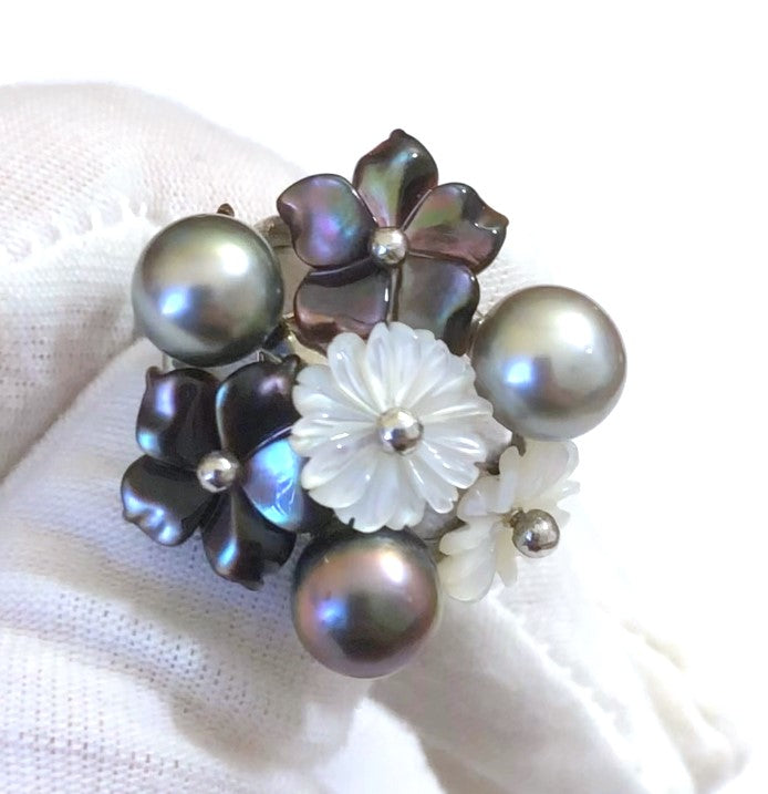 Multi-Color Pearls with Mother of Pearl and Pearl Flowers Ring