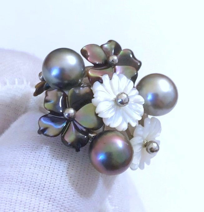 Multi-Color Pearls with Mother of Pearl and Pearl Flowers Ring