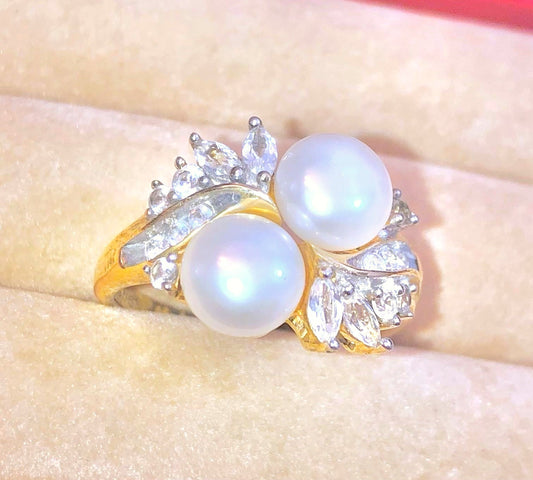 Gold Plated Pearl and Colorless Lab Sapphire Ring